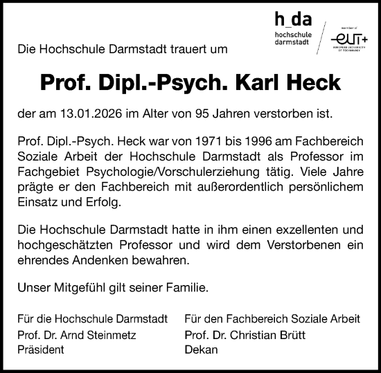 Traueranzeige von Karl Heck von Darmstädter Echo