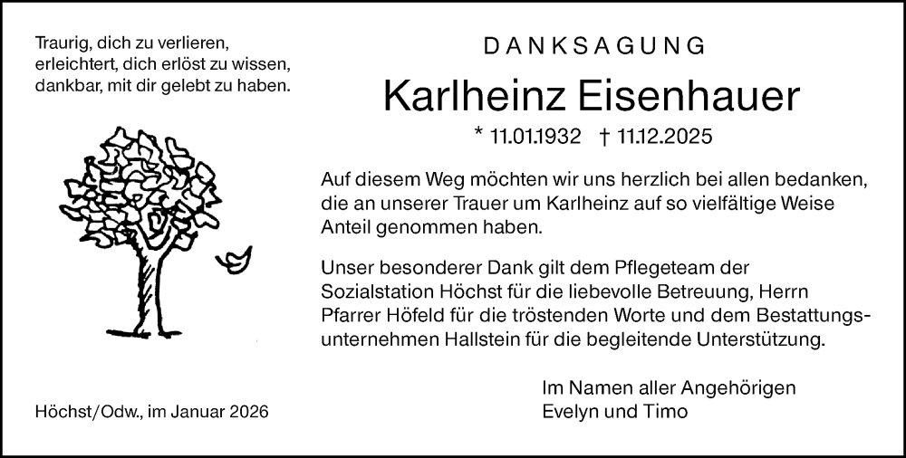  Traueranzeige für Karlheinz Eisenhauer vom 17.01.2026 aus Odenwälder Echo