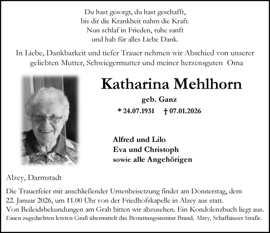 Traueranzeige von Katharina Mehlhorn von Allgemeine Zeitung Alzey