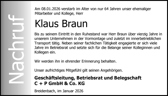 Traueranzeige von Klaus Braun von Hinterländer Anzeiger