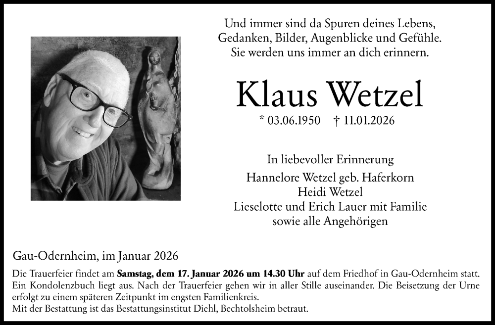  Traueranzeige für Klaus Wetzel vom 15.01.2026 aus Allgemeine Zeitung Alzey
