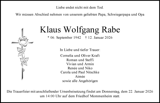 Traueranzeige von Klaus Wolfgang Rabe von Allgemeine Zeitung Mainz