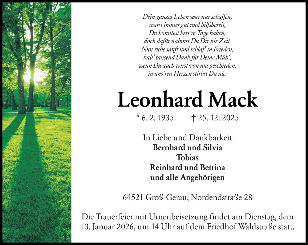  Traueranzeige für Leonhard Mack vom 03.01.2026 aus Groß-Gerauer Echo