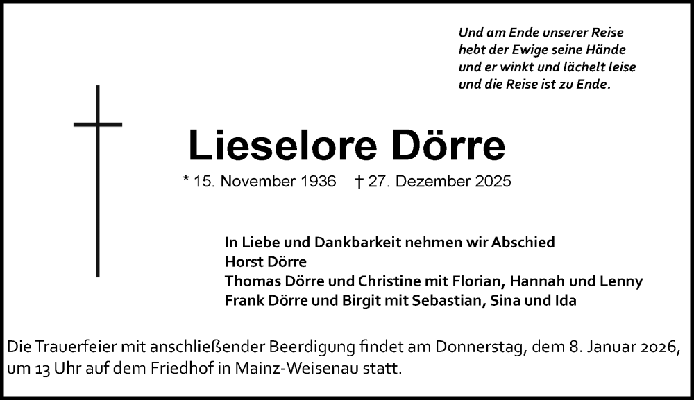  Traueranzeige für Lieselore Dörre vom 03.01.2026 aus Allgemeine Zeitung Mainz