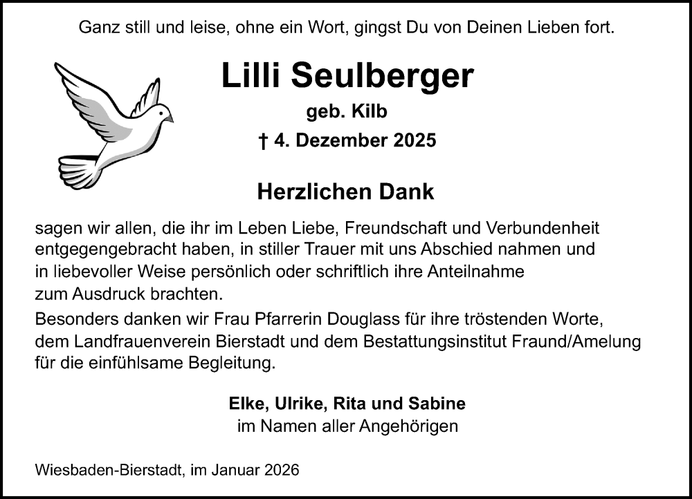  Traueranzeige für Lilli Seulberger vom 10.01.2026 aus Wiesbadener Kurier