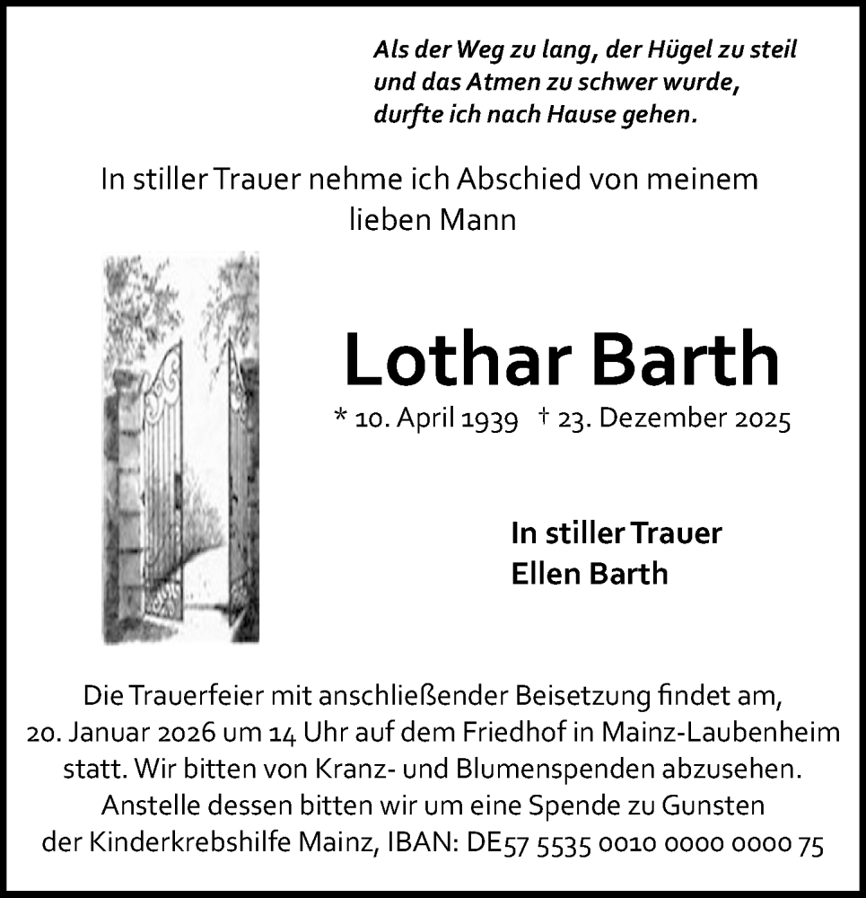  Traueranzeige für Lothar Barth vom 10.01.2026 aus Allgemeine Zeitung Mainz