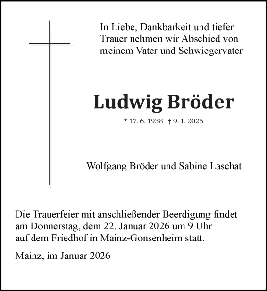 Traueranzeige von Ludwig Bröder von Allgemeine Zeitung Mainz