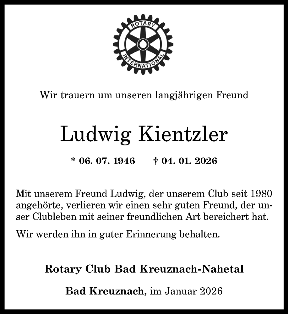  Traueranzeige für Ludwig Kientzler vom 14.01.2026 aus Allgemeine Zeitung Rheinhessen-Nahe