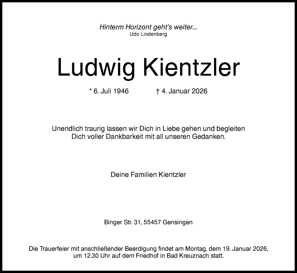  Traueranzeige für Ludwig Kientzler vom 14.01.2026 aus Allgemeine Zeitung Rheinhessen-Nahe