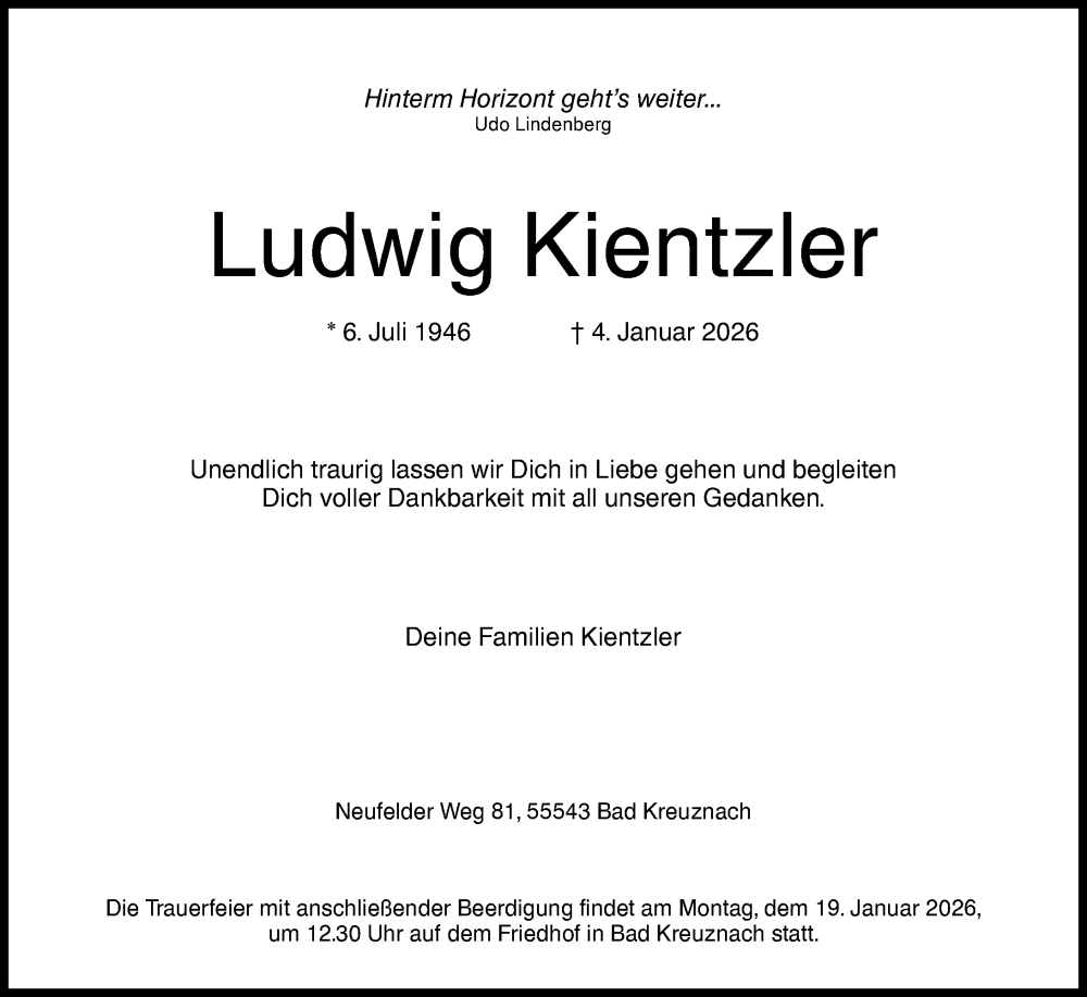 Traueranzeige für Ludwig Kientzler vom 10.01.2026 aus Allgemeine Zeitung Rheinhessen-Nahe