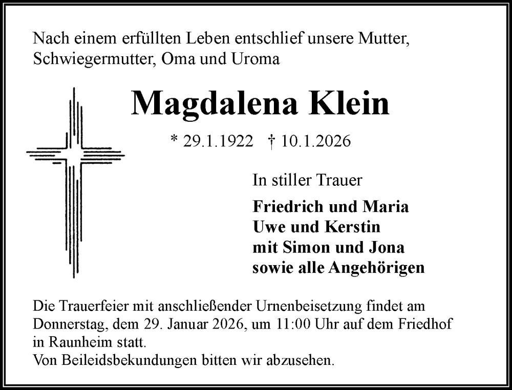  Traueranzeige für Magdalena Klein vom 17.01.2026 aus Rüsselsheimer Echo