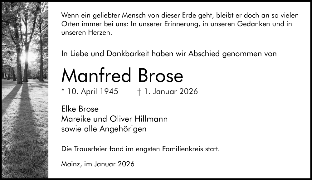  Traueranzeige für Manfred Brose vom 24.01.2026 aus Allgemeine Zeitung Mainz