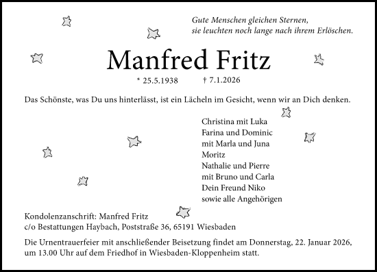 Traueranzeige von Manfred Fritz von Wiesbadener Kurier