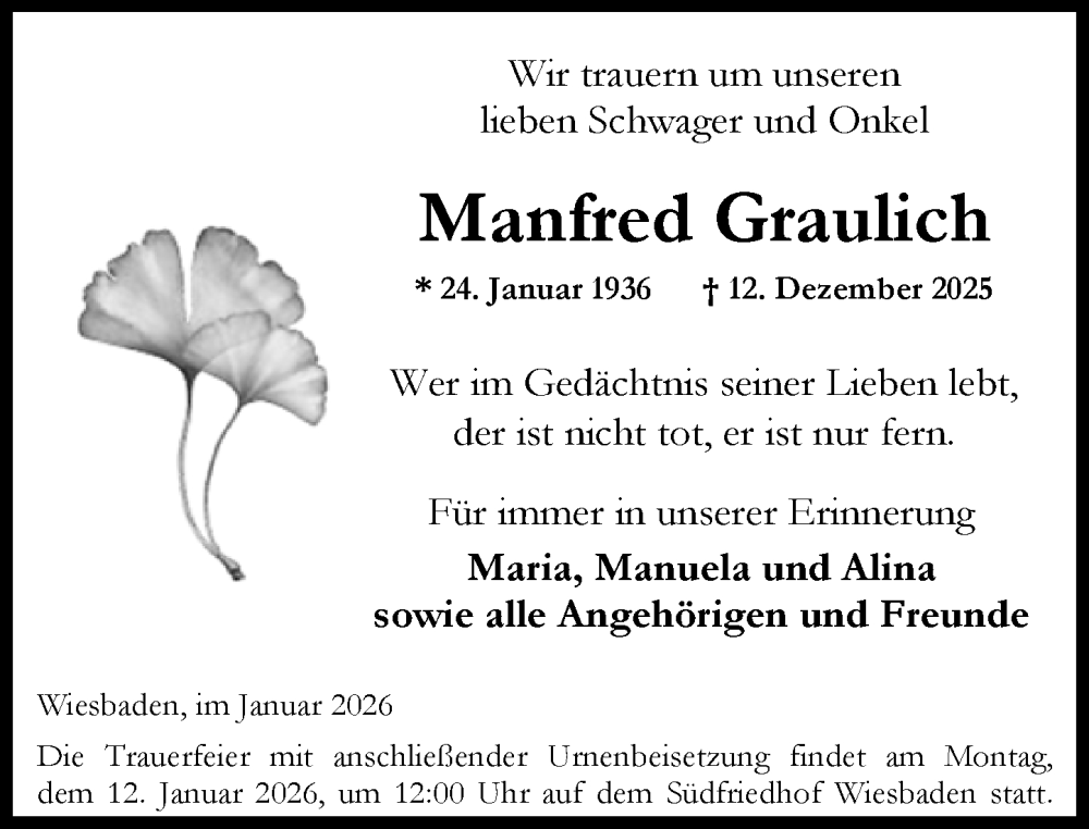  Traueranzeige für Manfred Graulich vom 03.01.2026 aus Wiesbadener Kurier