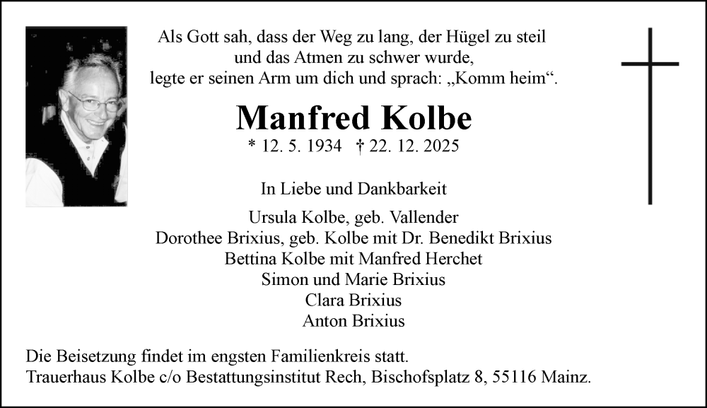  Traueranzeige für Manfred Kolbe vom 03.01.2026 aus Allgemeine Zeitung Mainz