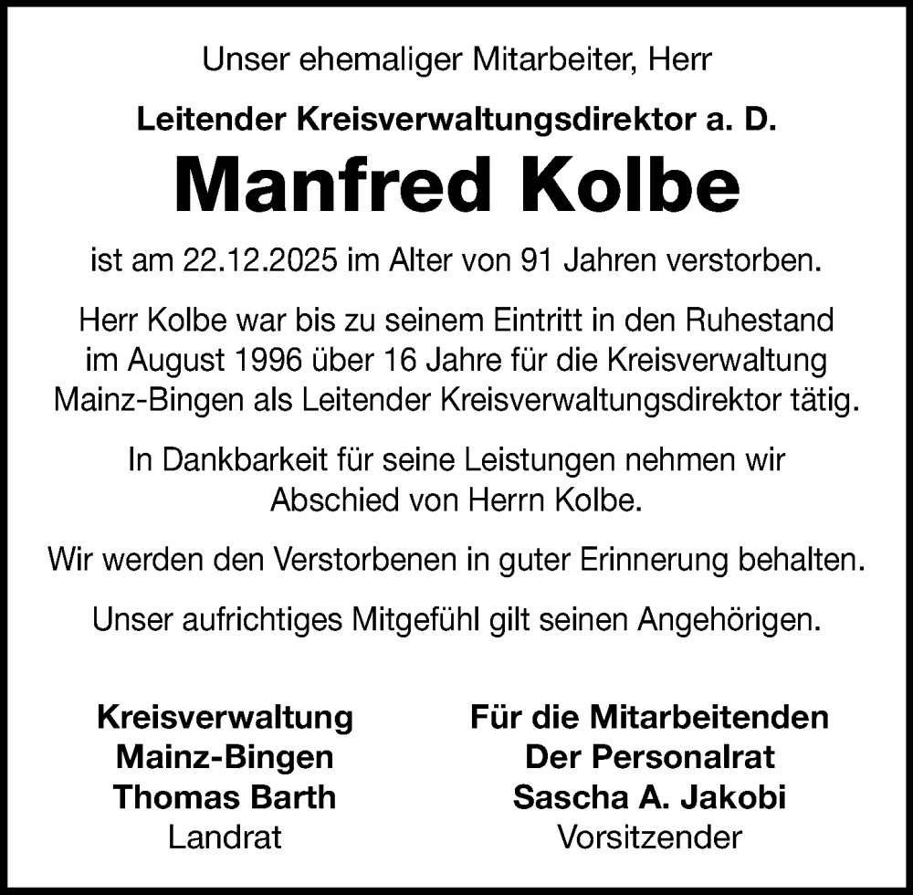  Traueranzeige für Manfred Kolbe vom 07.01.2026 aus Allgemeine Zeitung Mainz