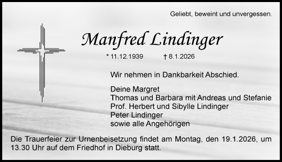 Traueranzeige von Manfred Lindinger von Dieburger Anzeiger/Groß-Zimmerner Lokal-Anzeiger