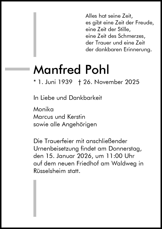 Traueranzeige von Manfred Pohl von Rüsselsheimer Echo