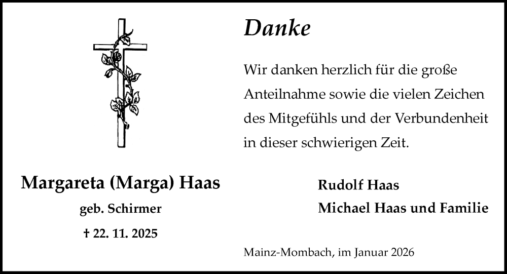  Traueranzeige für Margareta Haas vom 03.01.2026 aus Allgemeine Zeitung Mainz