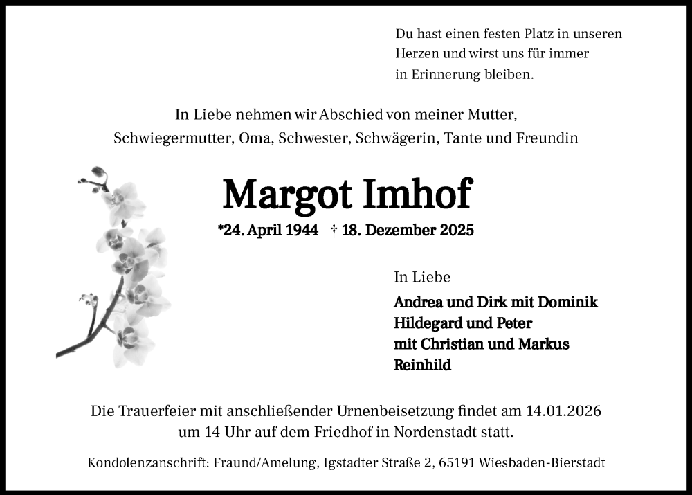 Traueranzeige für Margot Imhof vom 10.01.2026 aus Wiesbadener Kurier