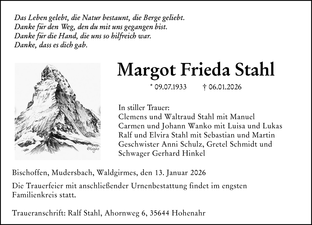  Traueranzeige für Margot Frieda Stahl vom 14.01.2026 aus Wetzlarer Neue Zeitung