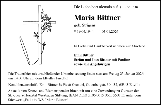 Traueranzeige von Maria Bittner von Rheingau Kurier