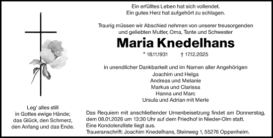 Traueranzeige von Maria Knedelhans von Allgemeine Zeitung Mainz