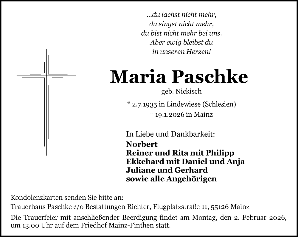  Traueranzeige für Maria Paschke vom 24.01.2026 aus Allgemeine Zeitung Mainz