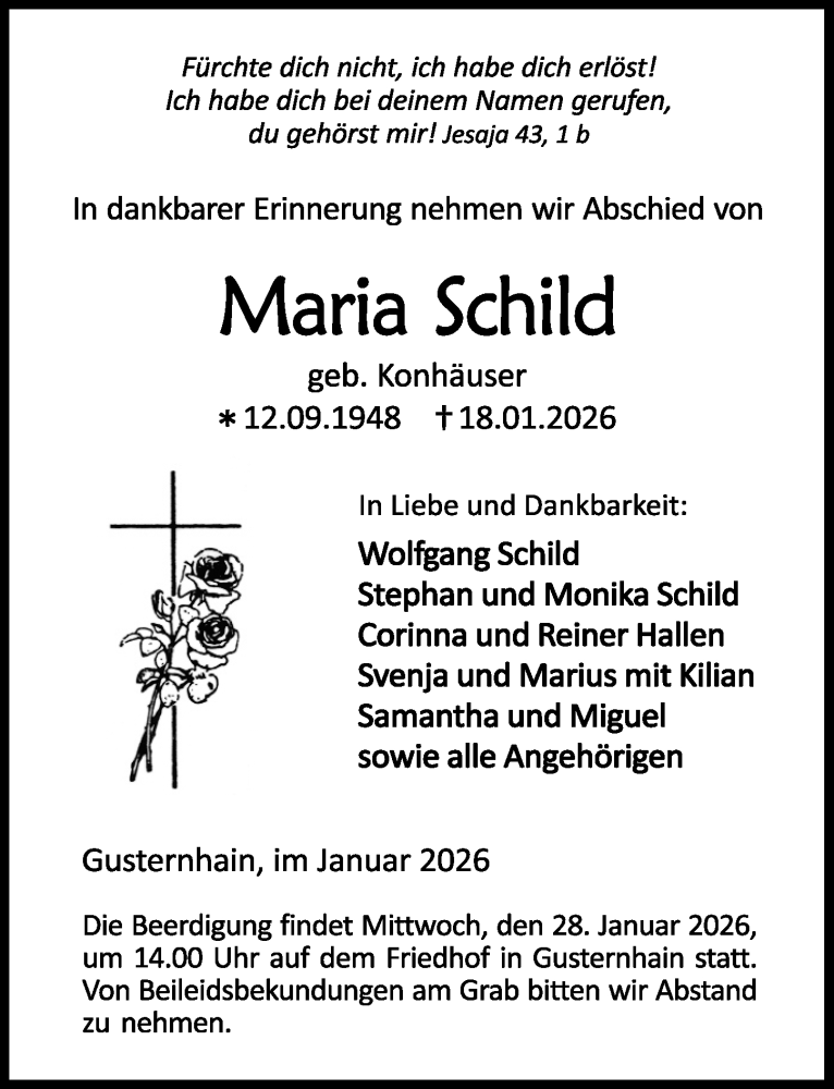  Traueranzeige für Maria Schild vom 23.01.2026 aus Dill Block
