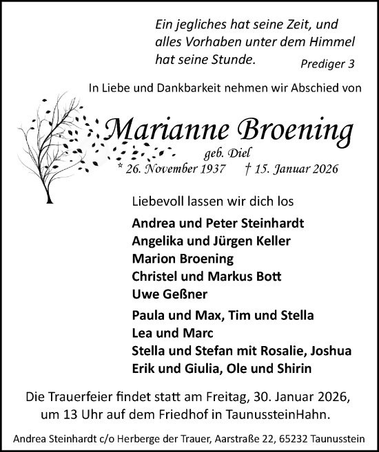 Traueranzeige von Marianne Broening von Wiesbadener Kurier