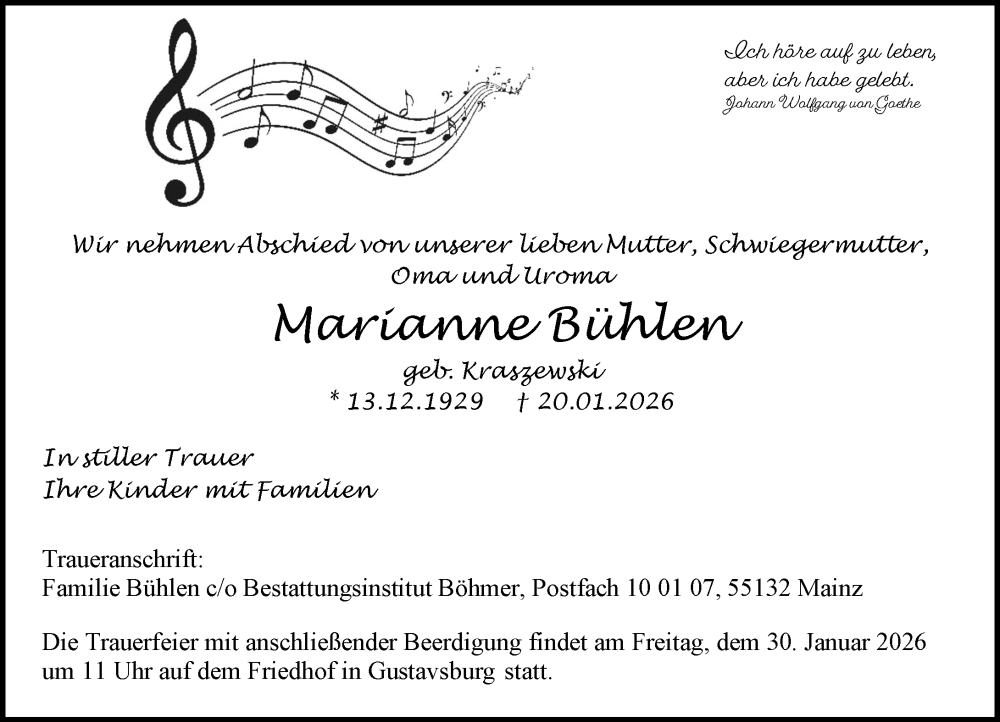  Traueranzeige für Marianne Bühlen vom 28.01.2026 aus Allgemeine Zeitung Mainz