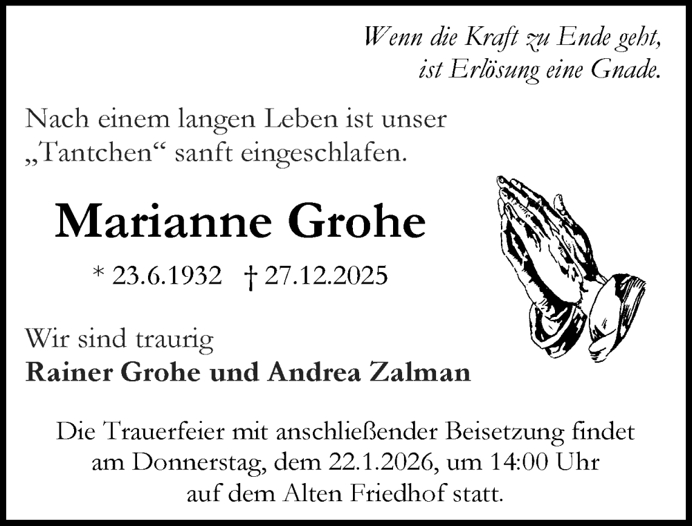  Traueranzeige für Marianne Grohe vom 17.01.2026 aus Darmstädter Echo