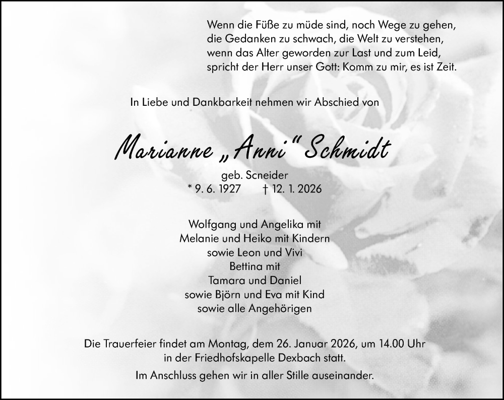  Traueranzeige für Marianne Schmidt vom 21.01.2026 aus Hinterländer Anzeiger