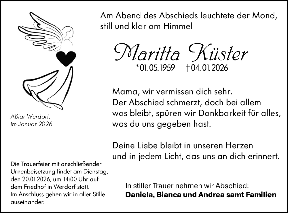  Traueranzeige für Marita Küster vom 16.01.2026 aus Wetzlarer Neue Zeitung