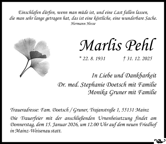 Traueranzeige von Marlis Pehl von Allgemeine Zeitung Mainz