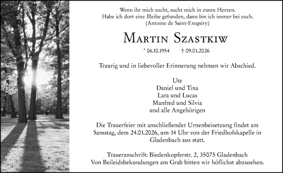 Traueranzeige von Martin Szastkiw von Hinterländer Anzeiger