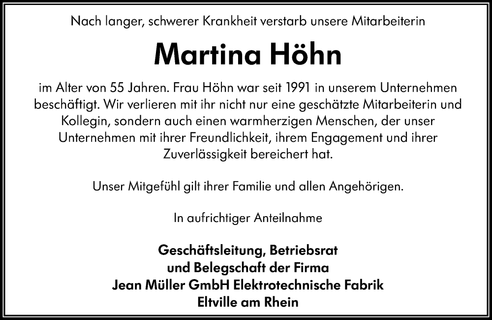  Traueranzeige für Martina Höhn vom 07.01.2026 aus Rheingau Kurier