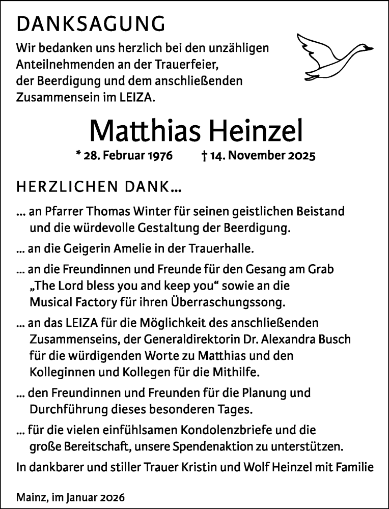  Traueranzeige für Matthias Heinzel vom 10.01.2026 aus Allgemeine Zeitung Mainz