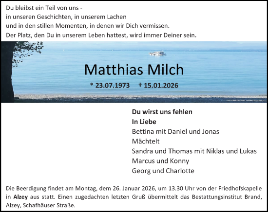 Traueranzeige von Matthias Milch von Allgemeine Zeitung Alzey