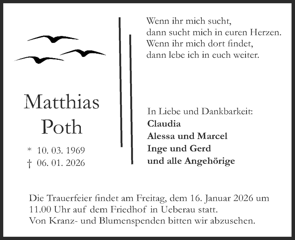  Traueranzeige für Matthias Poth vom 10.01.2026 aus Darmstädter Echo