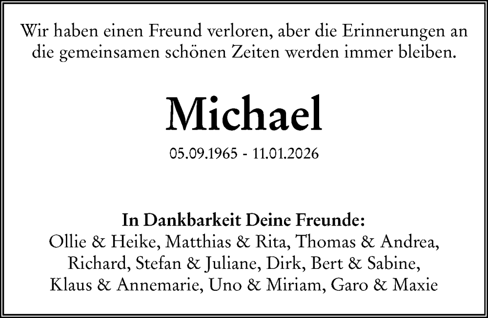  Traueranzeige für Michael  vom 17.01.2026 aus Wiesbadener Kurier