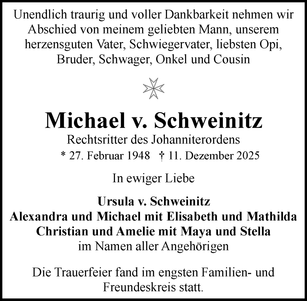 Traueranzeige für Michael v. Schweinitz vom 24.01.2026 aus Allgemeine Zeitung Mainz