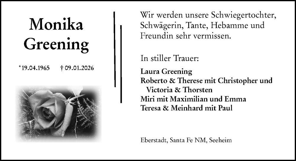  Traueranzeige für Monika Greening vom 17.01.2026 aus Darmstädter Echo
