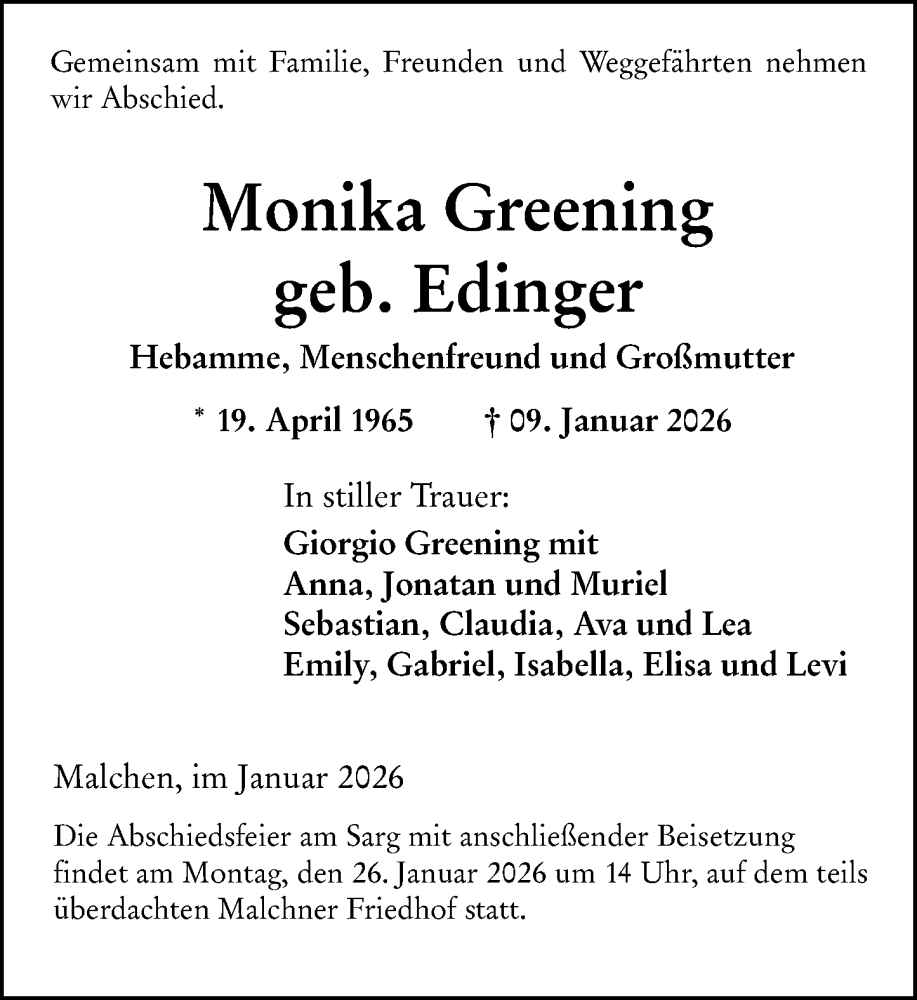  Traueranzeige für Monika Greening vom 17.01.2026 aus Darmstädter Echo