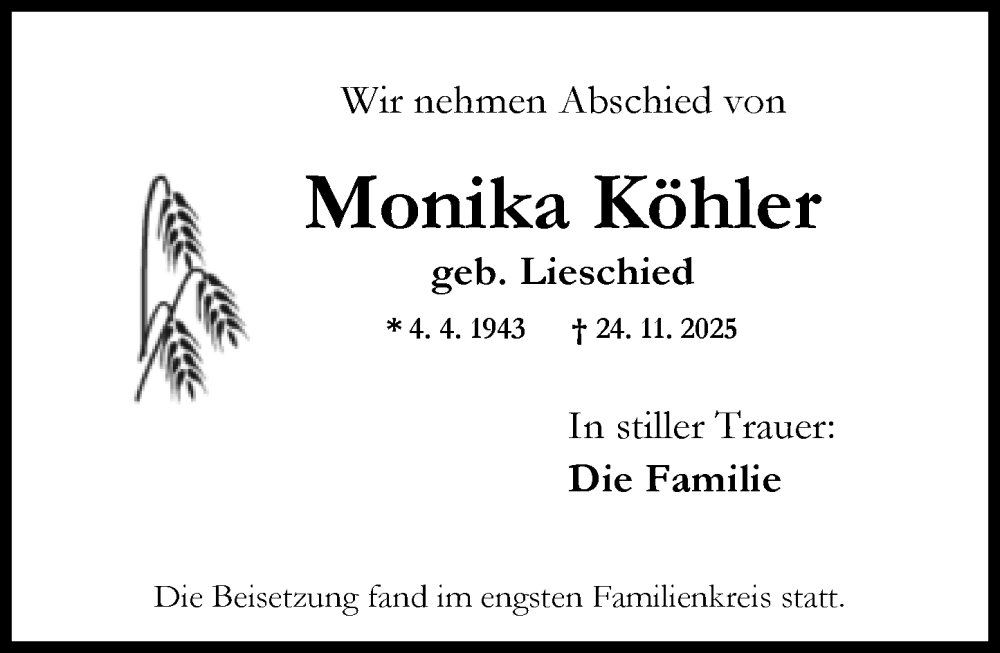  Traueranzeige für Monika Köhler vom 10.01.2026 aus Wiesbadener Kurier