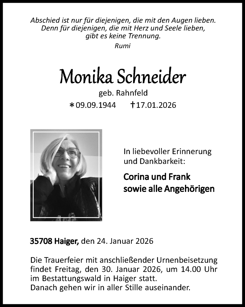  Traueranzeige für Monika Schneider vom 24.01.2026 aus Dill Block