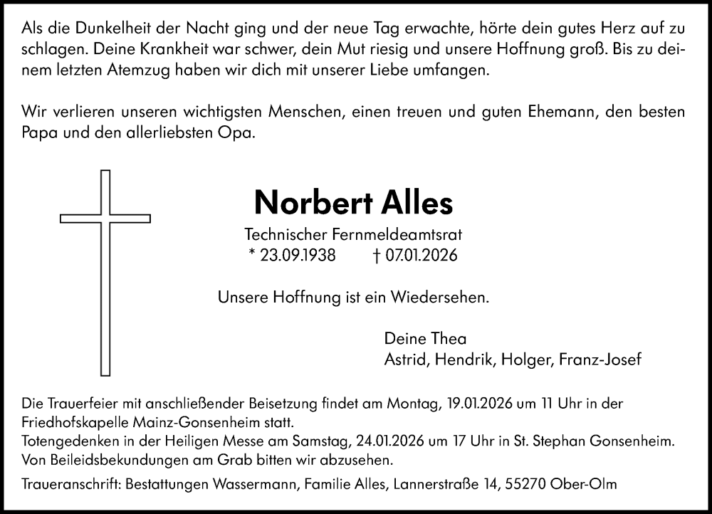  Traueranzeige für Norbert Alles vom 10.01.2026 aus Allgemeine Zeitung Mainz