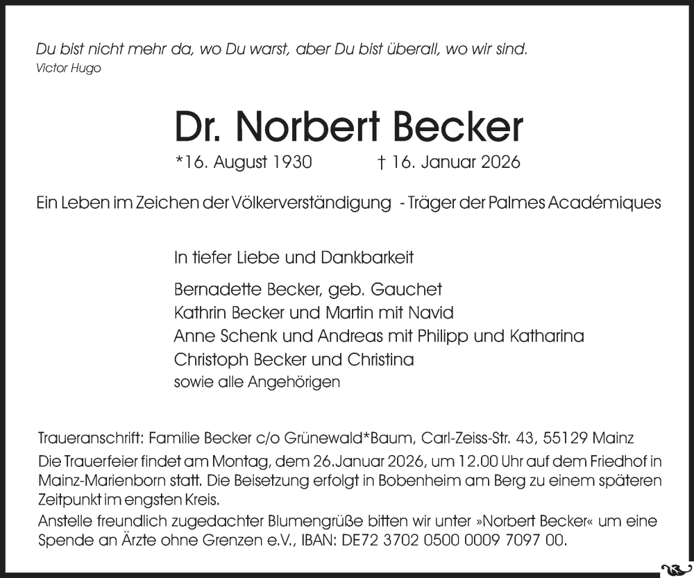  Traueranzeige für Norbert Becker vom 24.01.2026 aus Allgemeine Zeitung Mainz