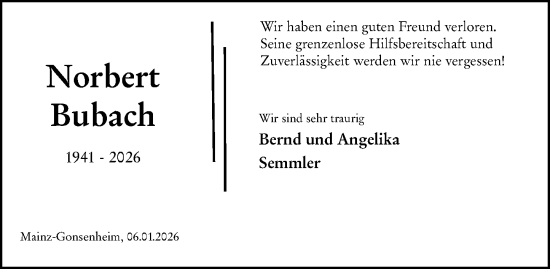 Traueranzeige von Norbert Semmler von Allgemeine Zeitung Mainz