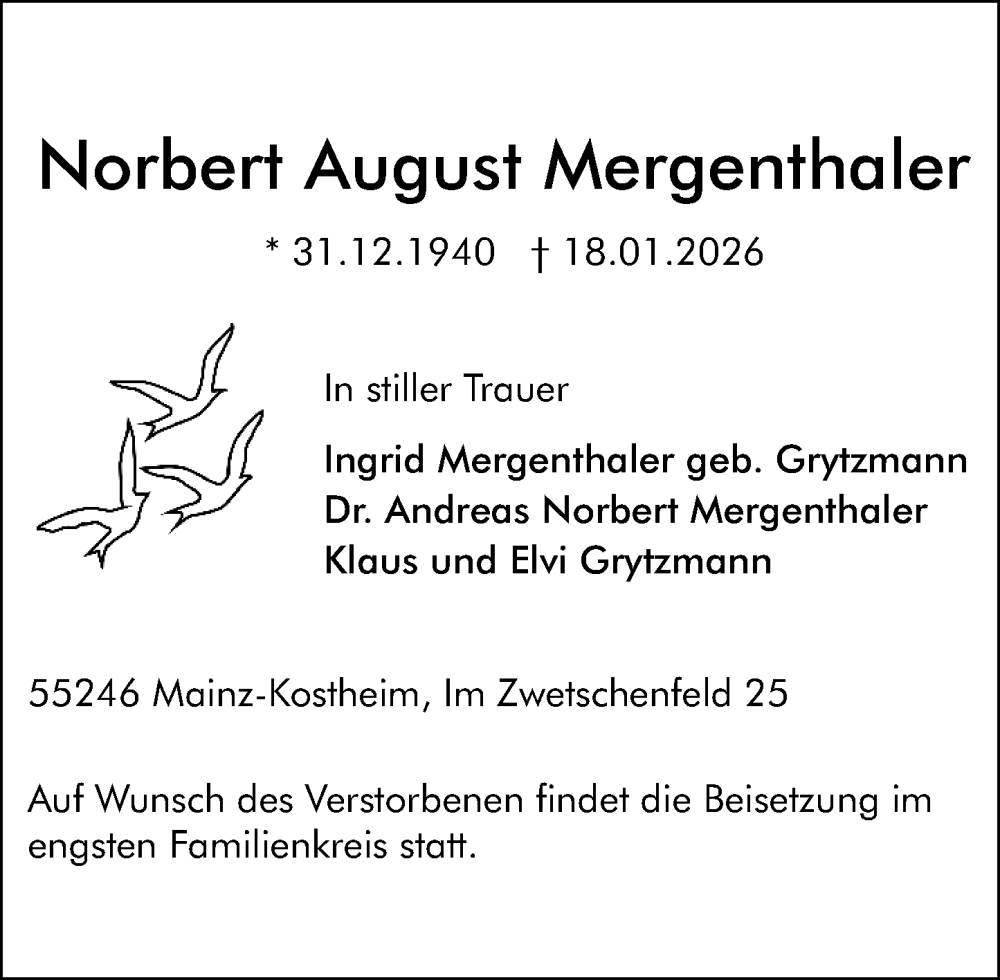  Traueranzeige für Norbert August Mergenthaler vom 24.01.2026 aus Allgemeine Zeitung Mainz